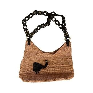 Tommy Bahama Straw Hobo Bag, Leather Tassel, Studded Strap, Bobo Chic